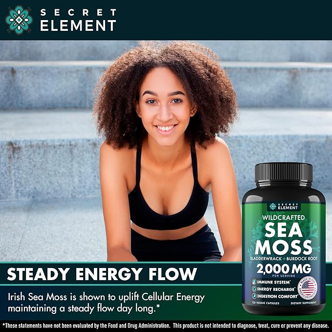 Secret Element Sea Moss Capsules with Burdock Root Bladderwrack &amp Muira Puama – Plant-Based Sea Moss Supplement with Raw Powder – 120 Capsules