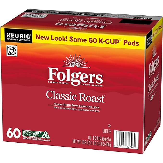 Folgers Classic Roast Coffee Medium Roast Keurig K-Cup Pods 10 Count Box (Pack of 6)