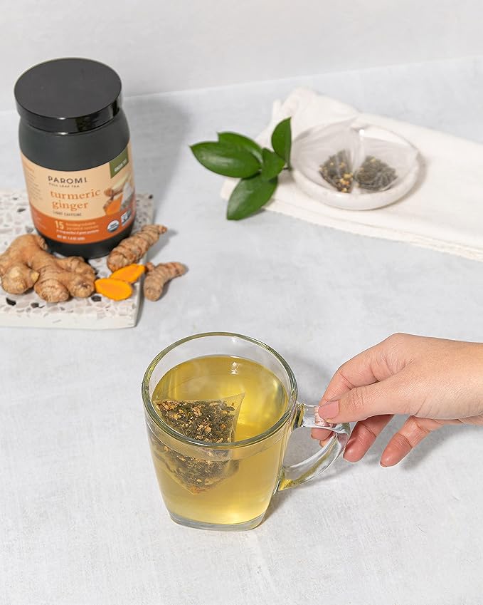 Paromi Tea Organic Turmeric Ginger Green Tea 15 Pyramid Tea Bags (Pack of 6) - Non-GMO