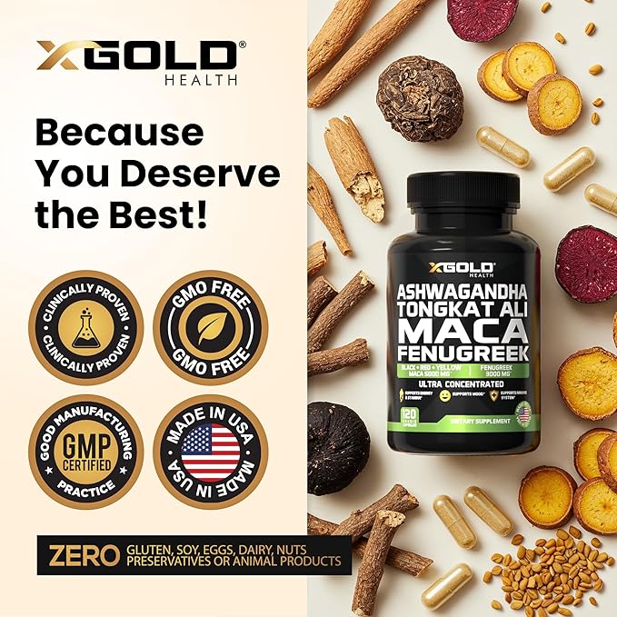 Ashwagandha 5000mg + Tongkat Ali 1000mg + Maca Root 5000mg + Fenugreek 3000mg Supplement | Black + Red + Yellow Maca Root Extract &amp Fenugreek Herbal Supplements for Men &amp Women - Made in USA