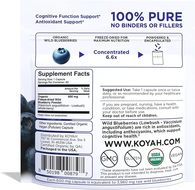 KOYAH - Organic Wild Blueberry Capsules – We Strive to Make the Least Processed Capsules on Earth. Freeze-Dried Whole Fruit – Lowbush Variety (Vaccinium angustifolium) - 600 mg - 60 Capsules
