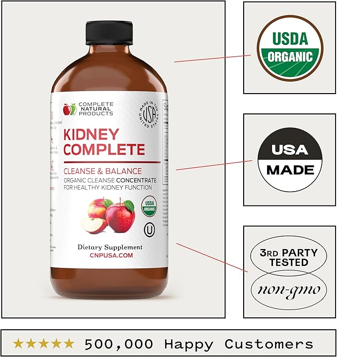 Complete Natural Products Kidney Complete - 16oz Liquid Dietary Supplement for Kidney Support Cleanse and Detox with Apple Cider Vinegar Lemon &amp Organic Chanca Piedra.