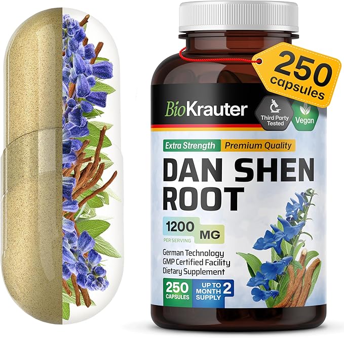 BIO KRAUTER® Dan Shen Red Sage for Circulatory Support - Pure Vegan Dan Shen Supplement (Salvia Miltiorrhiza) 1200 mg per Serving - Antioxidant Herbal Supplement 250 Сapsules 50-Day Supply Non-GMO