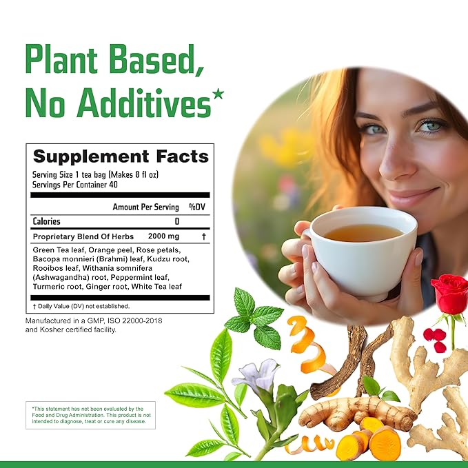 Newjiva Nourish Herbal Tea - 40 Tea Bags Per Pack - All Natural - Includes Green Tea Bacopa monnieri (Brahmi) Ashwagandha Turmeric White Tea &amp more - GMP Certified Facility