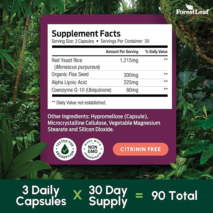 Red Yeast Rice 1215 mg. Capsules - Extra Strength Red Rice Yeast with CoQ10 Supplement Plus Alpha Lipoic Acid &amp Organic Flaxseed Citrinin Free Supports Cardiovascular Health Non-GMO 90 Veggie