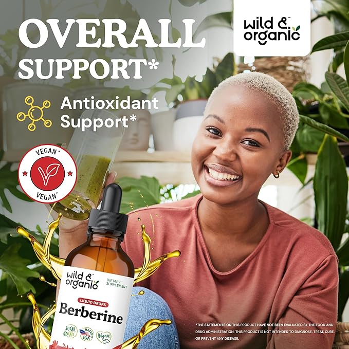 Wild &amp Organic Berberine Drops 500mg - Liquid Berberine Supplement HCL for Overall Support - Pure Extract Tincture - Vegan Alcohol &amp Sugar-Free - 4 fl oz