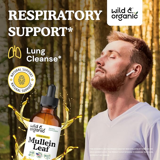 Wild &amp Organic Mullein Drops for Lungs - Herbal Cleanse and Detox - Liquid Mullein Leaf Extract for Lungs with Echinacea - Verbascum Thapsus Tincture - Vegan Sugar &amp Alcohol-Free Supplement -