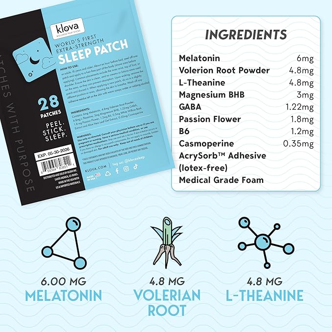 Klova Extra Strength Sleep Patches for Adults | Natural Sleep Aid with 6mg Melatonin Valerian &amp L-Theanine | Non-Habit-Forming Deep Sleep Support for Men &amp Women | 28 Patches