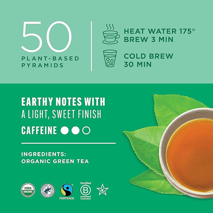 Teatulia Organic Green Tea Bags (50 Pyramid Sachet Teabags) Pure Whole Leaf Natural Green Tea In Bags. Premium 100% Compostable and Sustainably Grown In Bangladesh