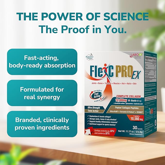 LABO Nutrition FlexC PRO EX Full Spectrum Collagen Type I III V &amp X Peptan Collagen Eggshell Membrane Water Soluble Silica &amp Curcumin C3 Reduct for Hair Skin Nails Joint Bones Mus