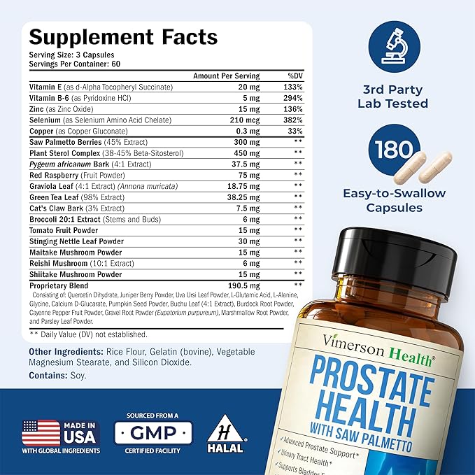 Prostate Health Supplements for Men with Saw Palmetto Plant Sterols (Beta-sitosterol) Zinc &amp Selenium – Total Prostate Supplements for Men for Bladder Urinary Tract &amp Prostate Support – 180