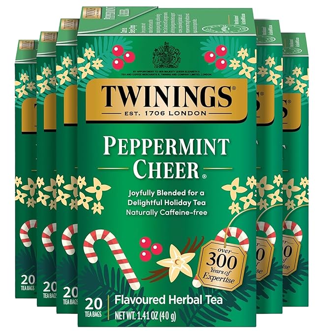 Twinings Peppermint Cheer Herbal Tea Individually Wrapped Bags 20 Count (Pack of 6) Peppermint &amp Creamy Vanilla Naturally Caffeine-Free Enjoy Hot or Iced 120 Teabags