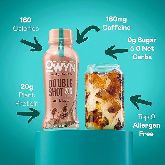 OWYN Only What You Need Double Shot Vanilla Latte Flavored Protein Shake 20g Protein 0g Sugar 3g Fiber 180mg Caffeine Dairy Free Plant Based Protein Drink 12 Count