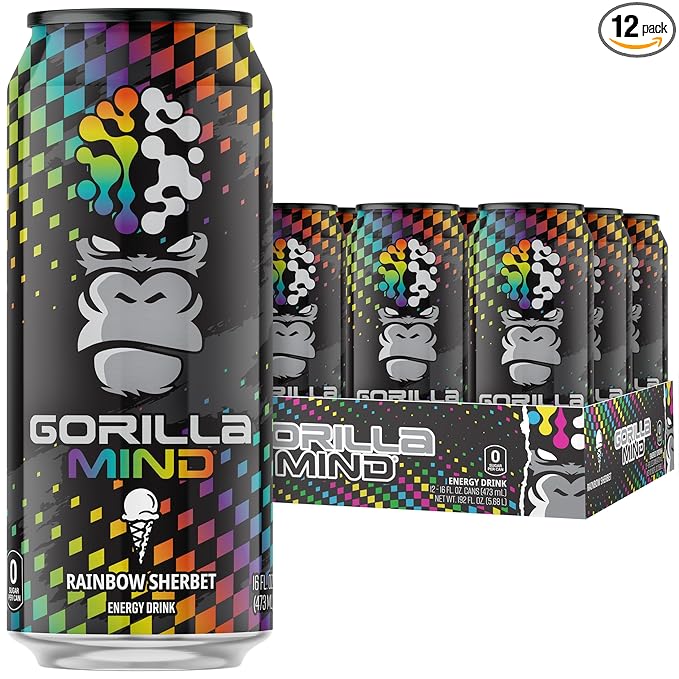 Gorilla Mind Energy Drink | Unmatched Energy · Amplified Focus | N-Acetyl-L-Tyrosine Alpha-GPC 200mg Caffeine Uridine Saffron | 0 Sugar Or Artificial Colors | 16oz 12-Pack (Rainbow Sherbet)
