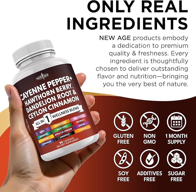 NEW AGE Cayenne Pepper Capsules Supplement with Hawthorn Berry Dandelion Root Ceylon Cinnamon Garlic Ginger ACV Milk Thistle Beet Root Aloe Vera - 120 Count