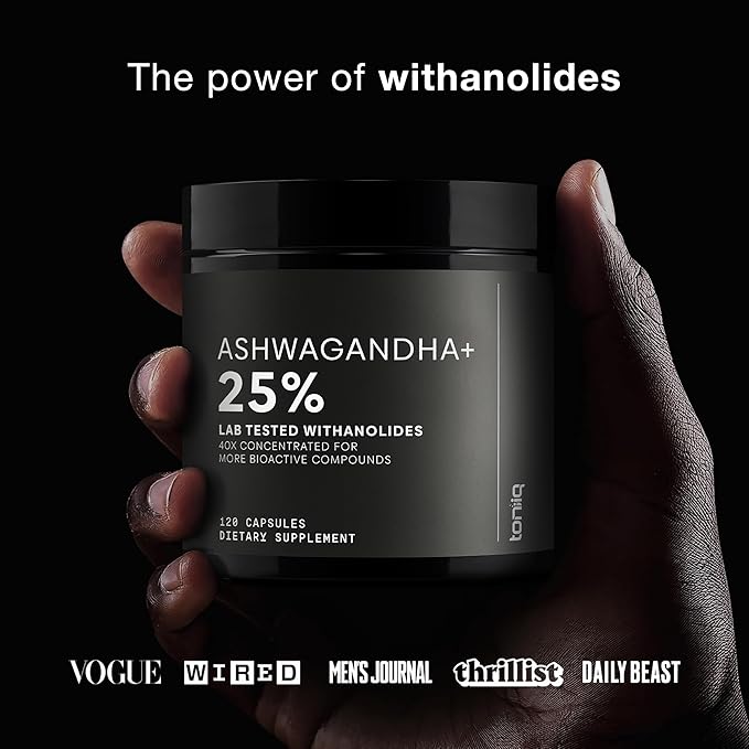 Toniiq Ashwagandha – 40:1 Concentrated Extract – 25% Withanolides – Wild Harvested in India – Highly Bioavailable with Black Pepper – Third-Party Tested – 120 Capsules - 1300mg per Serving