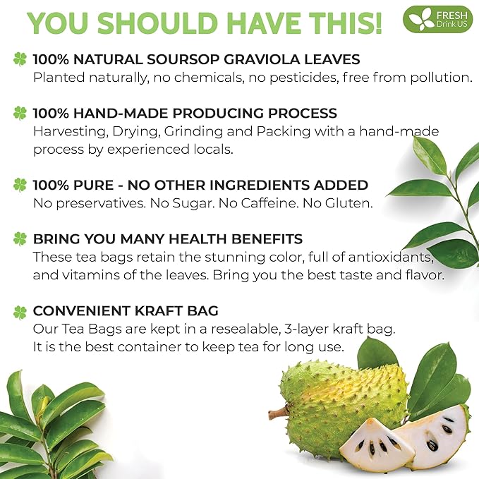 FreshDrinkUS Premium 90 Soursop Graviola Leaf Tea Bags 100% Natural and Pure from Soursop Leaves Handmade Made With Natural Materials-Corn Fiber Tea Bag Sugar/ Caffeine/ Gluten Free Hoja Guanaba