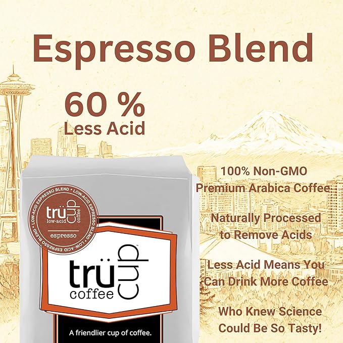 trücup Low Acid Coffee Espresso Coffee Ground - Drip Grind 80 Oz Natural Water&ampSteam Process 60% Less Acid Smooth Flavor Stomach-Friendly Rich in Antioxidants