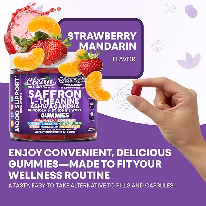 AuraZen Mood Support Saffron Gummies L-Theanine Ashwagandha Rhodiola St John's Wort Lions Mane GABA Vitamin D Magnesium Supplement | Calm Vegan Plant-Based Herbal Gummy By Clean Nutra