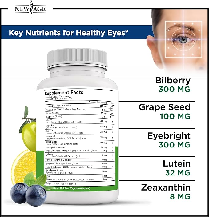 NEW AGE AREDS 2 Eye Vitamin Contains Bilberry 6000mg Lutein (32mg) Grape seed (6000 mg) Eyebright (1000 mg) and Zeaxanthin (8 mg) - 120 Count