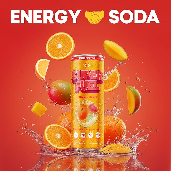 EBOOST SUPER FUEL Healthy Energy Drink - Orange Mango: 12 Healthy Energy Drinks - Focus &amp Productivity - 110 mg Caffeine + Nootropics &amp Electrolytes - No Sucralose Taurine Artificial Flavor