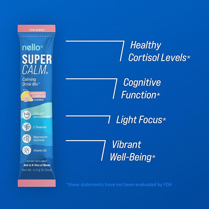 Nello Supercalm Drink Mix - Raspberry Lemonade and Tropical Tangerine Ashwagandha KSM 66 Magnesium Glycinate &amp L-Theanine Supplement - Focus and Relaxation Support (2 x 20 Travel Packets)