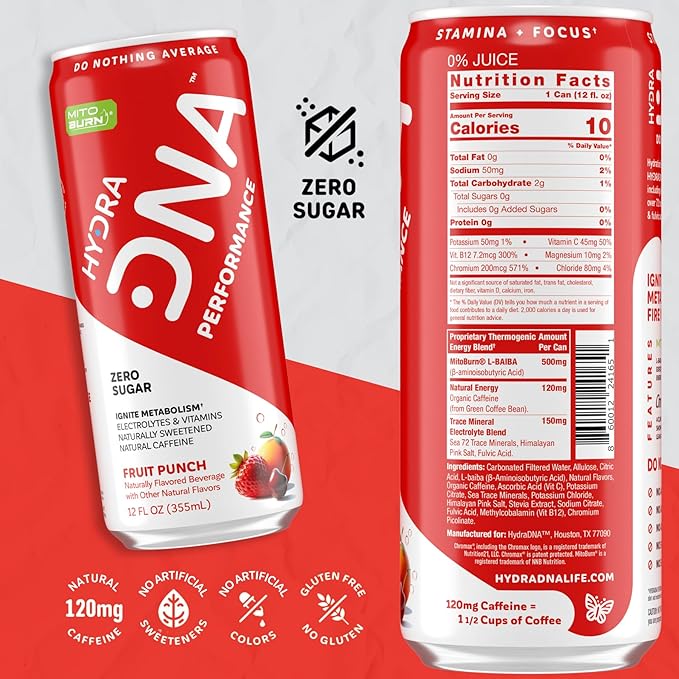 HYDRADNA- Clean Performance Drink Zero Sugar | For Natural Fuel Alertness Boost Stamina120 mg Organic Caffeine Natural Flavors Zero Sucralose Clean Ingredients (12 Pack) (12 Pack Fruit Punch)