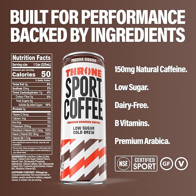 Throne Sport Coffee Cold Brew – Low Sugar. 150mg Natural Caffeine and B Vitamins – Dairy-Free Low Calorie –Premium Arabica NSF Certified Active Lifestyles – Mocha Cocoa 12 Pack