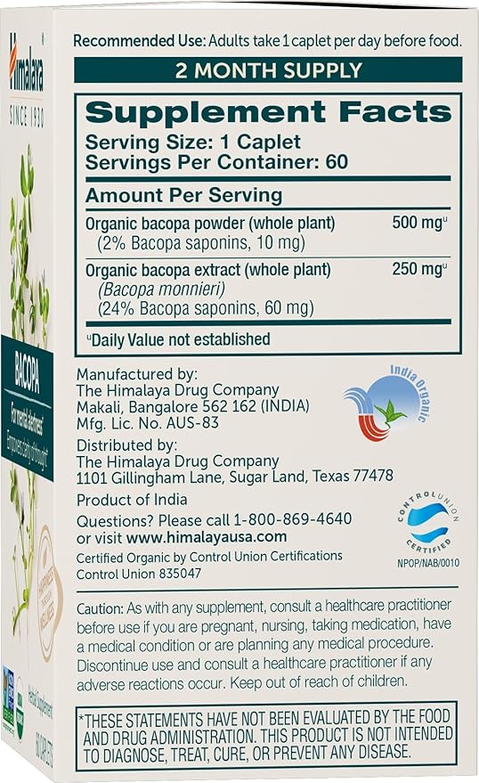 Himalaya Organic Bacopa Monnieri Nootropic Herbal Supplement Mental Alertness Supports Calm Memory Cognition USDA Organic Non-GMO 750 mg 60 Plant-Based Caplets 2 Pack 120 Day Supply