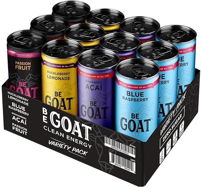 BeGOAT Clean Energy | Zero Sugar Variety Pack | 6 Ingredients Plant-Based Zero Sugar Non-GMO Vegan | 200mg Natural Caffeine | 12 fl oz Cans (Pack of 12)