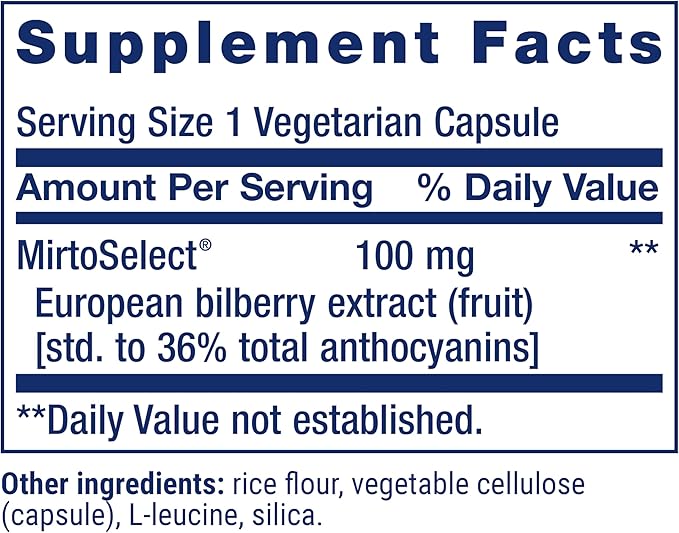 Life Extension Standardized European Bilberry Extract 100 mg MirtoSelect® Vaccinium myrtillus Eye Health Circulation Lubrication Gluten-Free Non-GMO Vegetarian 90 Capsules