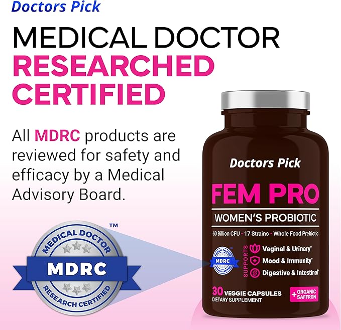 Fem Pro Probiotics for Women. 17 Clinically Effective Strains for Vaginal Digestive &amp Immune Support Urinary Tract Health pH Balance and Mood. Organic Prebiotic 30 Veggie Capsules