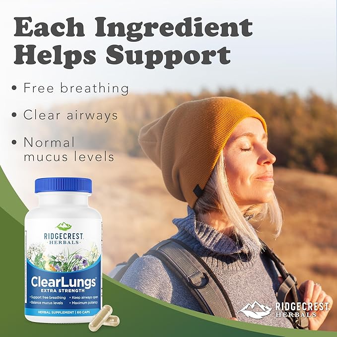 RidgeCrest Herbals ClearLungs Extra Strength Daily Health Supplement Natural Lung and Nasal Wellness Formula (60 Vegan Caps 30 Serv)