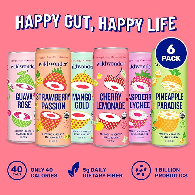 wildwonder Sparkling Probiotic Drink 6pk For Gut Health &amp Immune Support Classic Variety Pack 5g Prebiotic Fiber Live Probiotics Organic Vegan Low Sugar 6 Pack 12oz Can Seen on Shark Tan