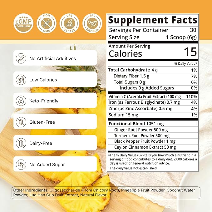 Juicing Ginger Shots Pineapple Ginger Turmeric Drink with Vitamin C Zinc &amp lron Superfood Juice Powder for Immunity &amp Digestion Support 30 Servings (Pineapple and Ginger)