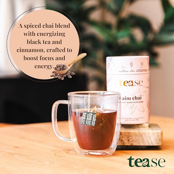 Tease Tea Loose Chai Tea - Aim Chai Organic Tea Organic Spiced Chai Caffeinated Herbal Tea Made with Black Tea Ginger Cocoa Beans and Nutmeg for an Energizing and Immunity Boosting Support
