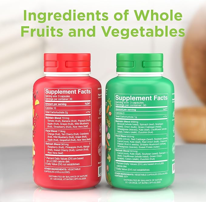 Balance of Nature Fruits &amp Veggies Supplements - Whole Fruit and Vegetable Ingredients for Women Men and Kids - 90 Fruits Capsules 90 Veggies Capsules - 1 Set