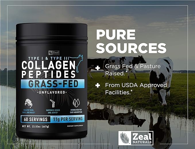 Zeal Naturals Hydrolyzed Collagen Peptides Powder 10g Protein | Grass-Fed Collagen for Women &amp Men | Essential Amino Acids | Hair Skin Nails Bone Health | 45 Servings Unflavored