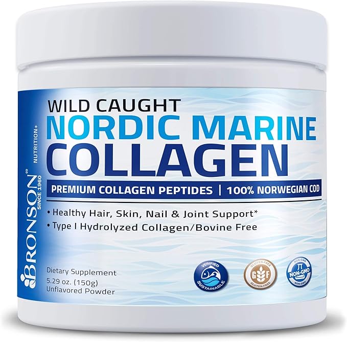 Bronson Marine Collagen Peptides Hydrolyzed Protein Powder 100% Wild Caught Nordic Cod Vitamin C Powder Pure Ascorbic Acid Soluble Fine Non GMO Crystals