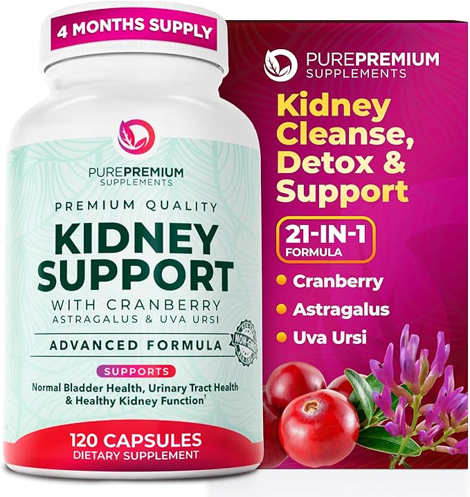 PurePremium Kidney Support Supplement – Kidney Cleanse Detox &amp Repair with Cranberry Extract &amp Astragalus - 21-in-1 Complex Supports Normal Bladder Urinary Tract &amp Kidneys Health - 120 Da