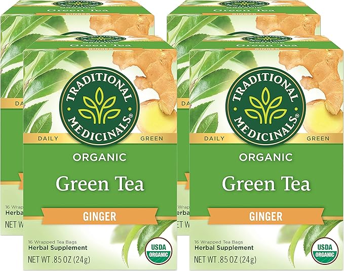 Traditional Medicinals Organic Green Tea Ginger Herbal Tea Promotes Healthy Digestion (Pack of 4) - 64 Tea Bags Total