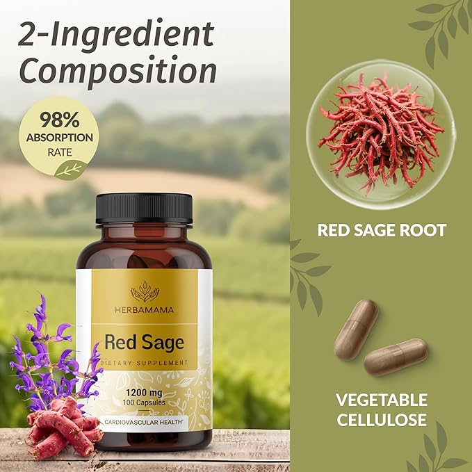 HERBAMAMA Red Sage Supplement Capsules - 1200mg Red Sage Root (Dan Shen) for Antioxidant Support - Vegan Non-GMO Salvia Miltiorrhiza Supplement