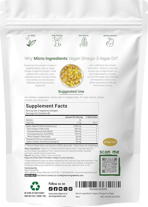 Micro Ingredients Multi Collagen Protein Powder 16oz &amp Vegan Omega 3 Algae Oil Supplement Bundle 2 Pack | Grass-Fed Collagen Peptides | Omega-3 Full Spectrum Alternative to Fish Oil