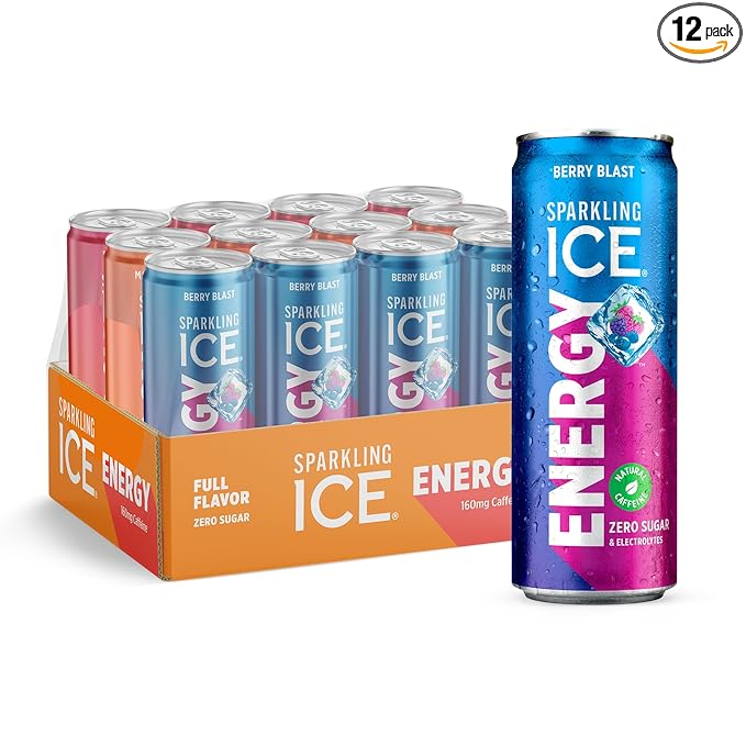 Sparkling Ice Energy Variety 12Pk. Energy Drinks with Vitamins + Antioxidants Zero Sugar Berry Blast Maximum Mango Power Punch flavors. 12 fl oz cans.