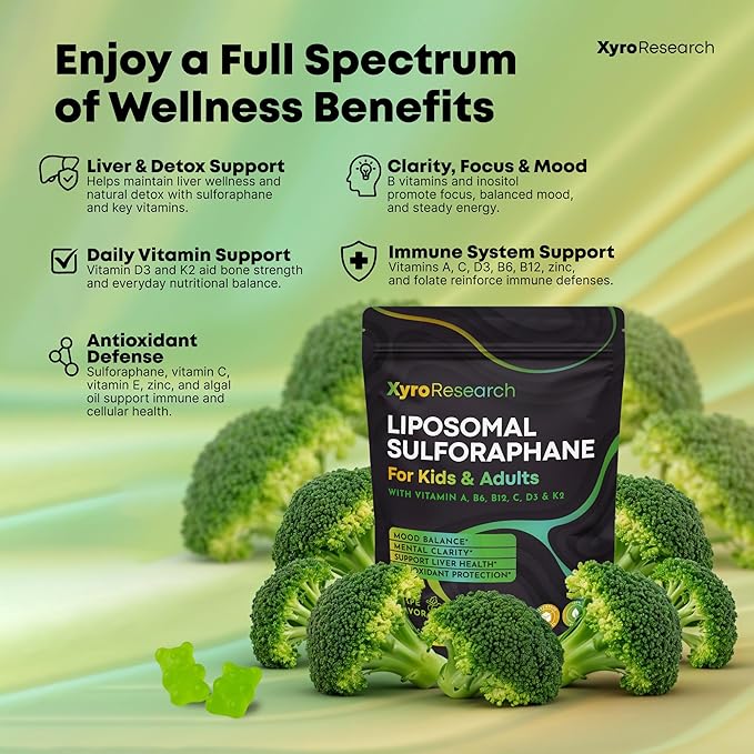 Liposomal Sulforaphane Gummies - 150mg Broccoli Sprout Extract with Vitamins Supplement for Kids Adults - Antioxidant Cellular Health &amp Liver Detox Support - Non-GMO Vegan Sugar-Free
