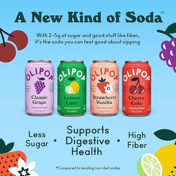 OLIPOP Prebiotic Soda PopFruity Fun VarietyPantry Pack Packed with PrebioticsFiberand BotanicalsGluten FreeVeganGMO Free12oz(Pack of 24)