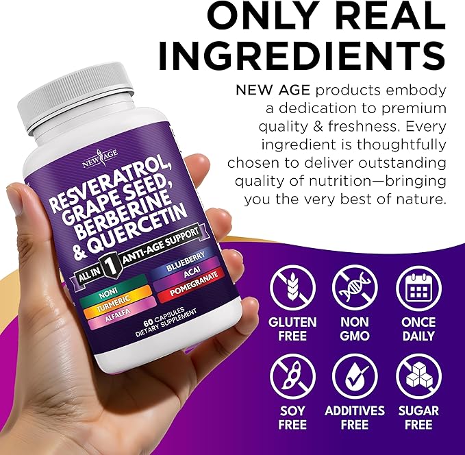 NEW AGE Resveratrol Berberine Grape Seed Extract Quercetin - Polyphenol Supplement for Women and Men with Noni N-Acetyl Cysteine Acai - 60 Capsules