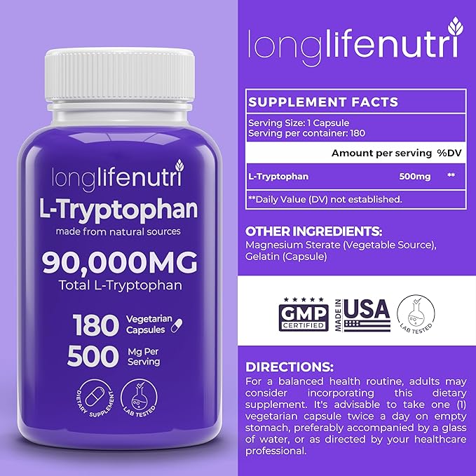 LongLifeNutri L-Tryptophan 500mg - 180 Veggie Capsules 6 Month Supply - Natural Sleep Aid and Mood Stability Support for Serotonin Balance - Lab Tested Made in USA Non-GMO