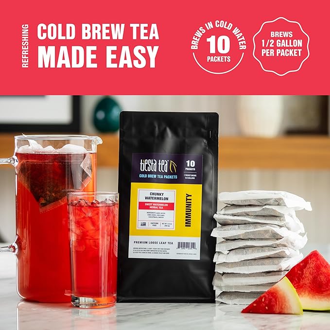 Tiesta Tea - Chunky Watermelon Cold Brew Loose Leaf Sweet Watermelon Herbal Tea Non-Caffeinated Cold Brew Packets Makes 64 oz Per Bag (Pack of 10)