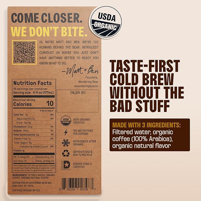 Wandering Bear Organic Caramel Cold Brew Coffee On Tap Iced Coffee Drink - Extra Strong Bold Smooth No Sugar Added Shelf-Stable Ready to DrinkGluten Free &amp Vegan -16 Servings of 6fl.oz -96f